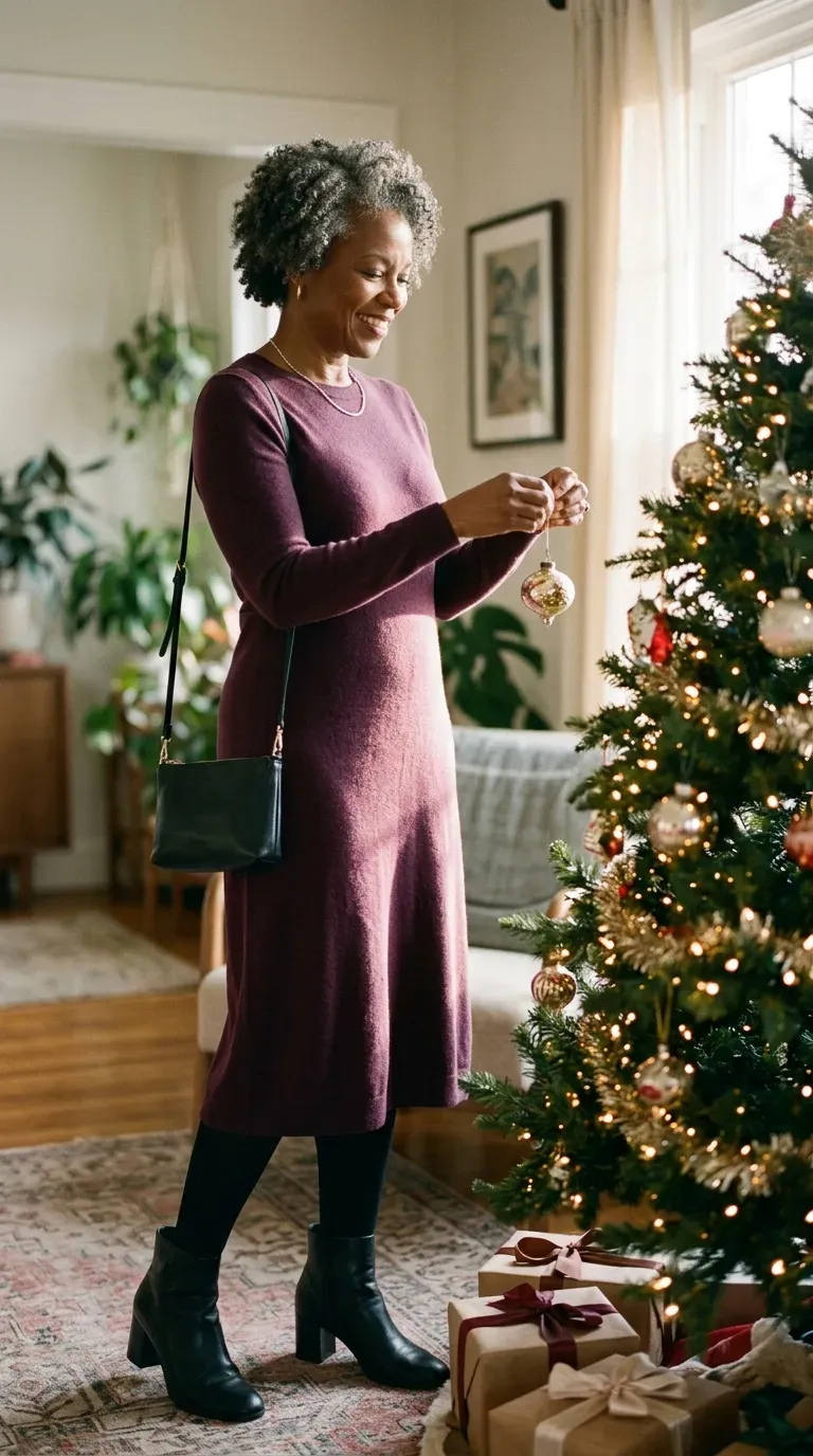Woman over 50 in plum knit midi dress, black tights and ankle boots by a Christmas tree