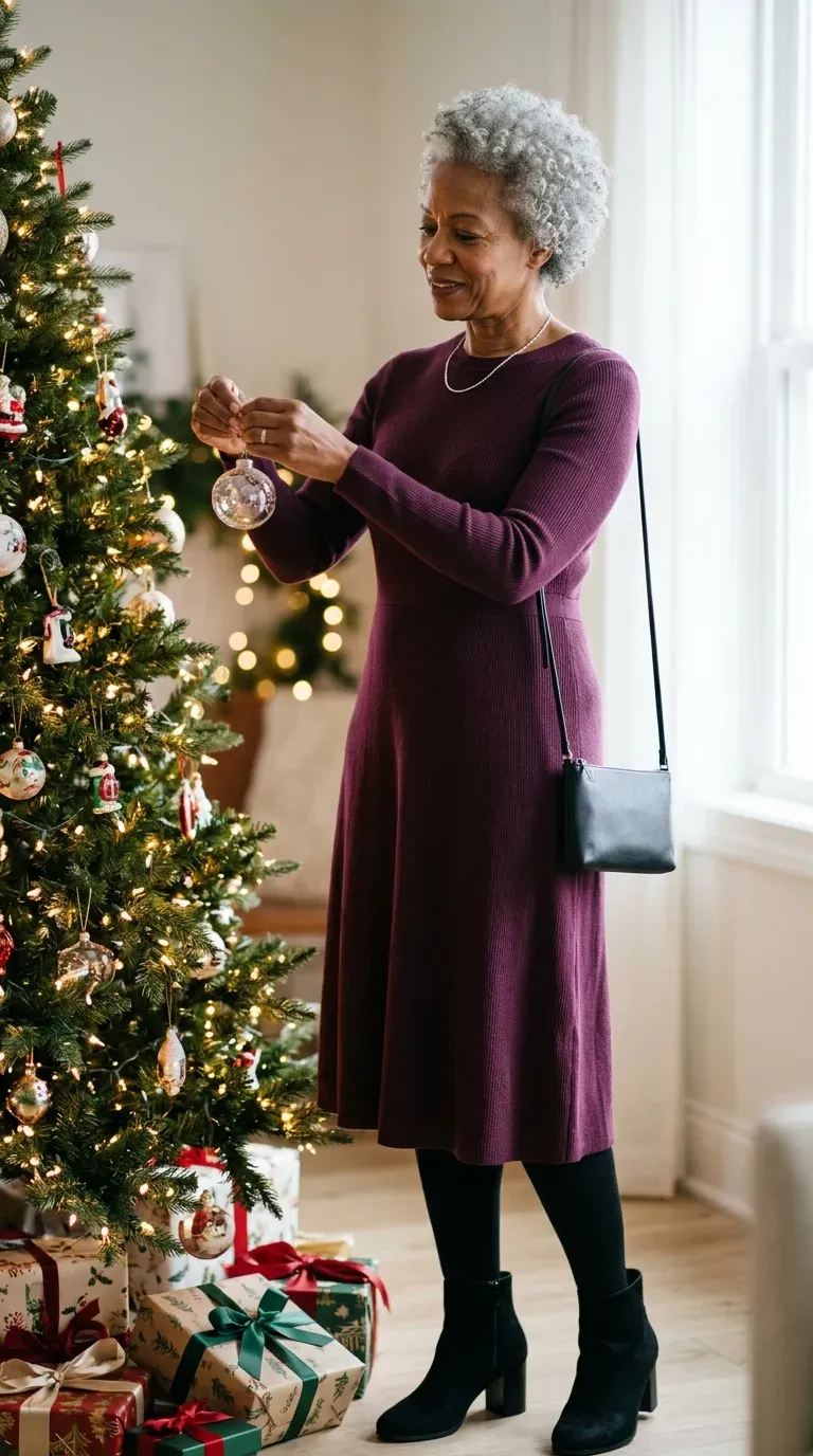 Woman over 50 in plum knit midi dress, black tights and ankle boots by a Christmas tree