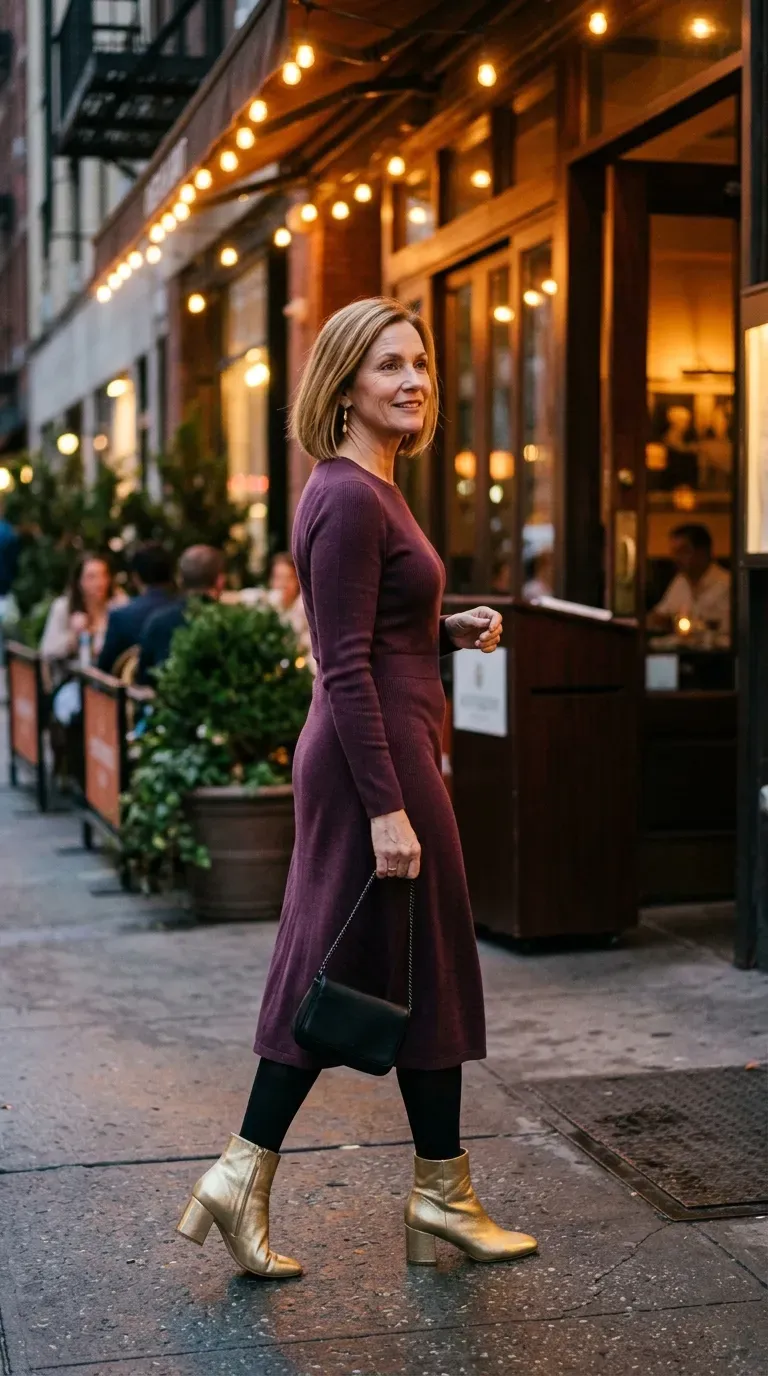 Woman over 50 in plum knit midi dress, black tights and gold ankle boots at a Christmas date