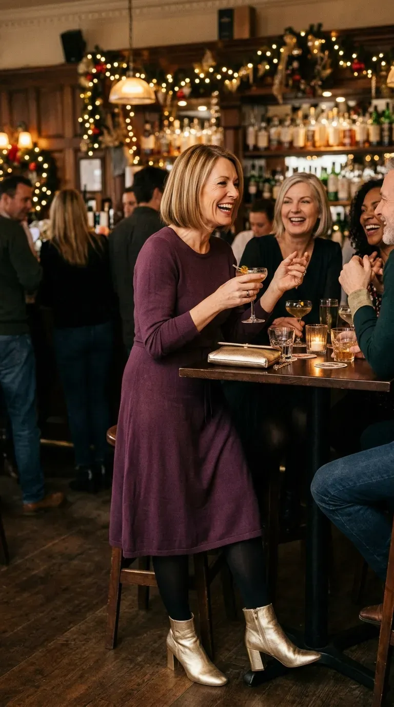 Woman over 50 in plum knit midi dress, black tights and gold boots at a festive bar