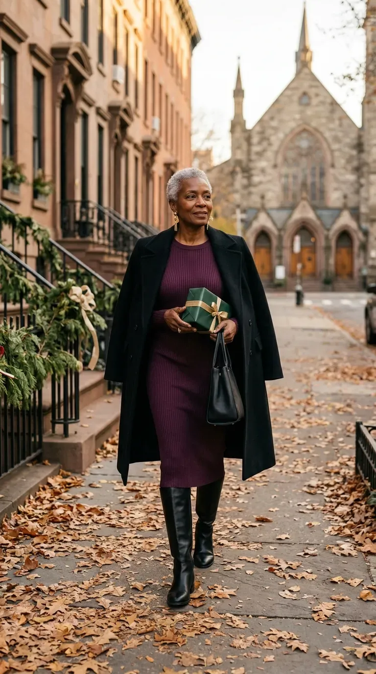 Black woman in plum ribbed knit midi dress and tall black boots on a leafy street near church