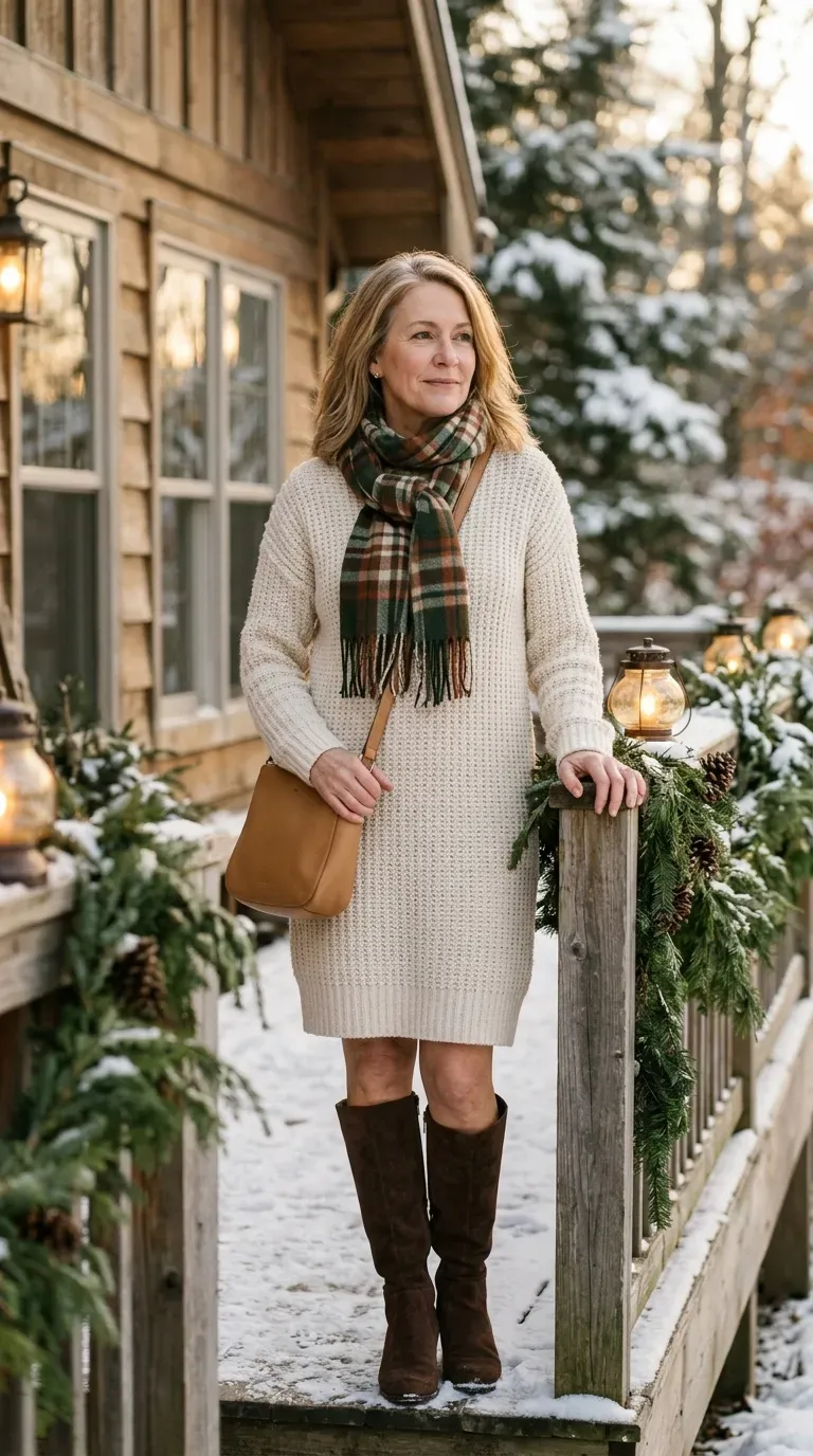 Woman over 50 in plum knit midi dress and tall black boots at a holiday dinner