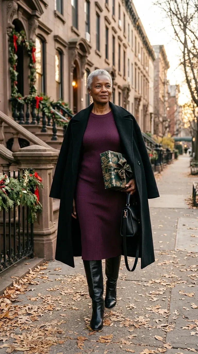 Black woman in a plum ribbed knit midi dress and tall black boots on a leafy street