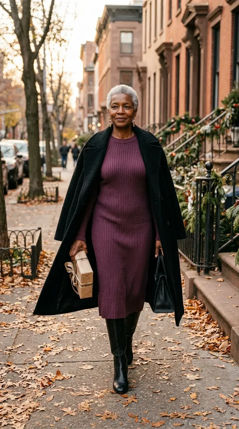 Woman in plum ribbed knit midi dress and tall black boots on a leaf-covered street