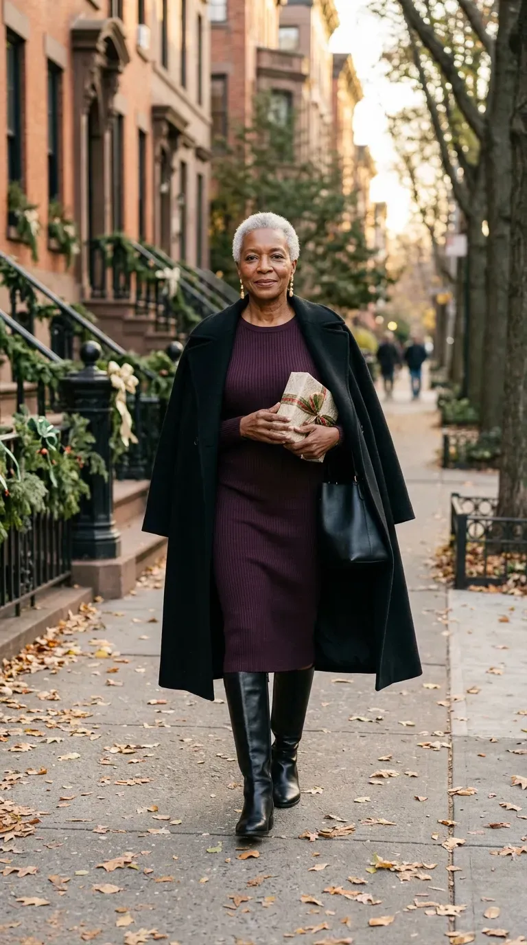 Black woman in a plum ribbed knit midi dress and tall black boots on a leafy street