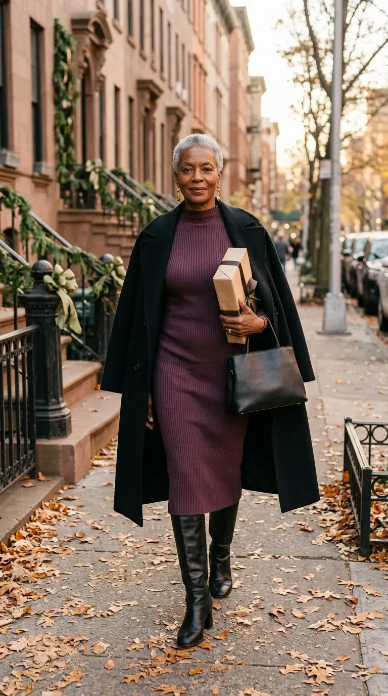 Woman in plum knit midi dress and tall black boots on a leaf-covered street