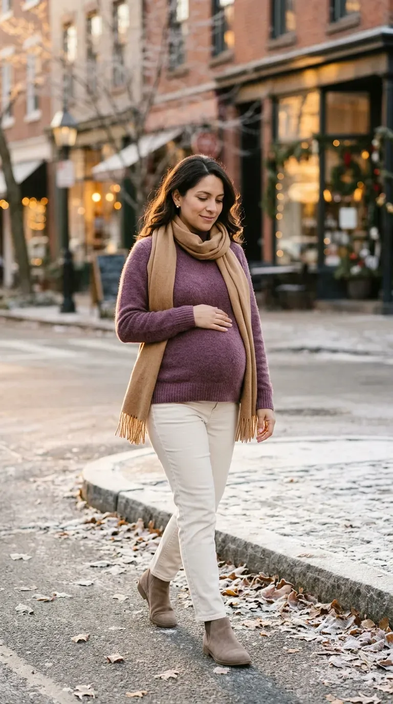 Pregnant woman in plum knit sweater and ivory maternity jeans on a leaf-lined winter street