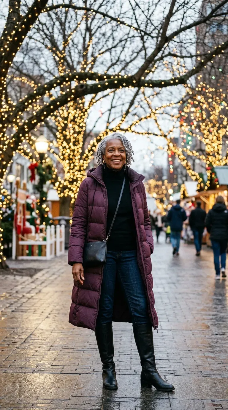 Woman over 50 in plum long puffer coat, black turtleneck and black boots at Christmas lights