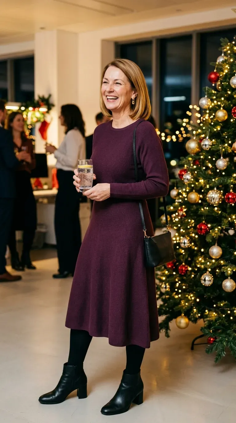 Woman over 50 in plum midi dress, black tights and block-heel boots at an office party