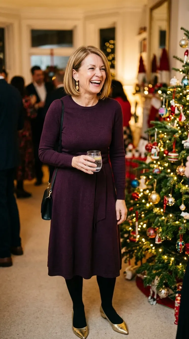 Woman over 50 in plum midi dress, black tights and gold flats at a party