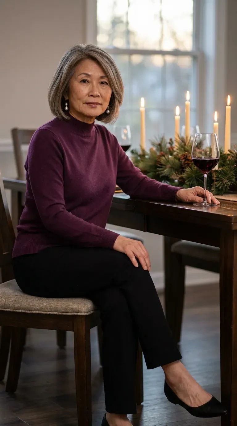 Asian woman in a plum mock-neck sweater and black straight trousers at an elegant holiday dinner