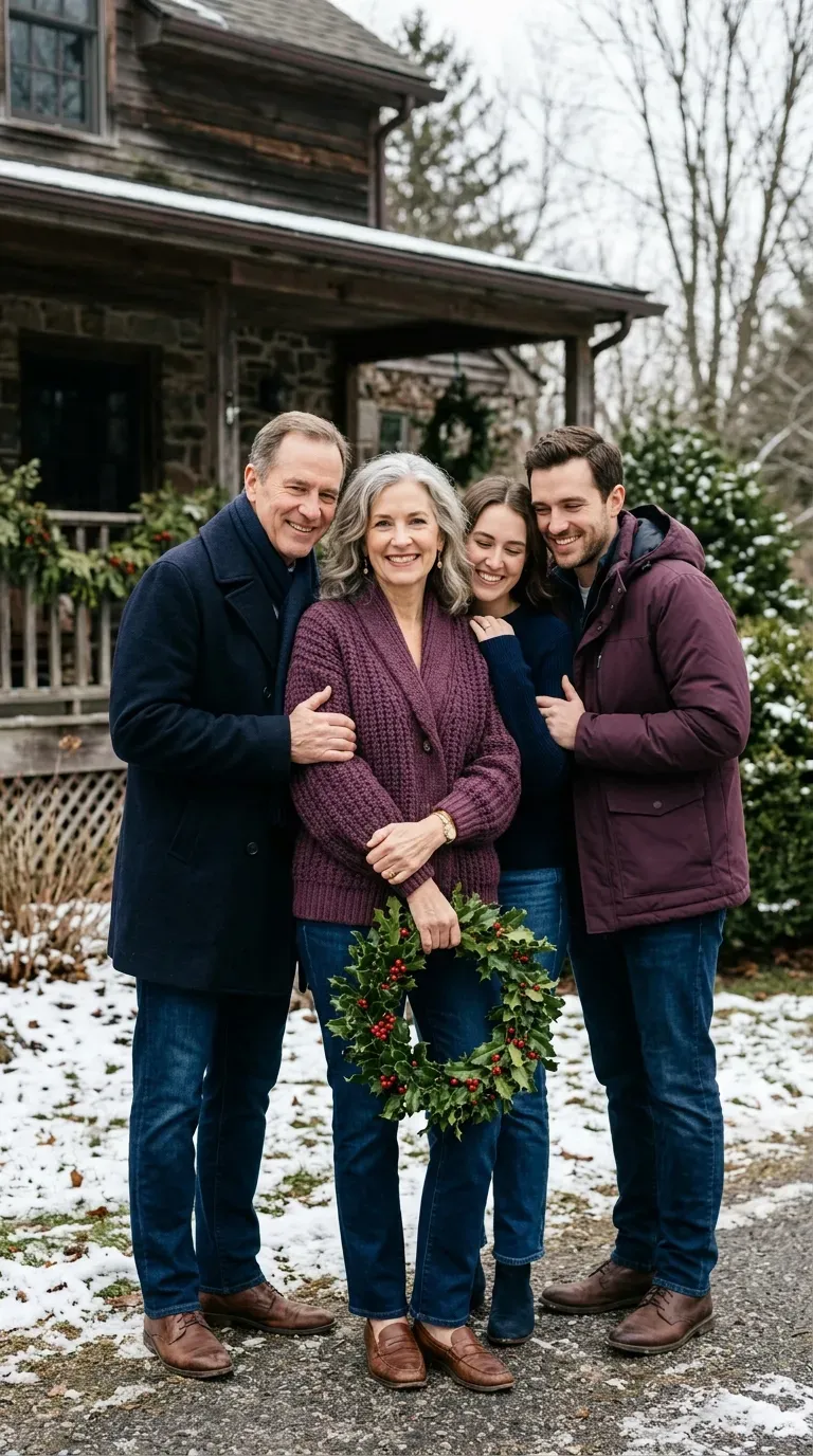 Woman over 50 in plum cardigan and navy jeans for a coordinated Christmas family photo
