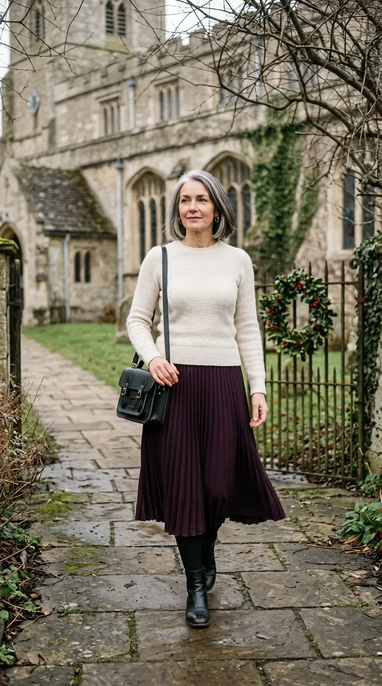 Woman over 50 in plum pleated midi skirt, cream knit and ankle boots on a church path