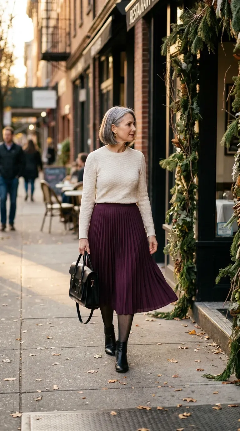 Woman over 50 in plum pleated midi skirt, cream knit and ankle boots near a restaurant