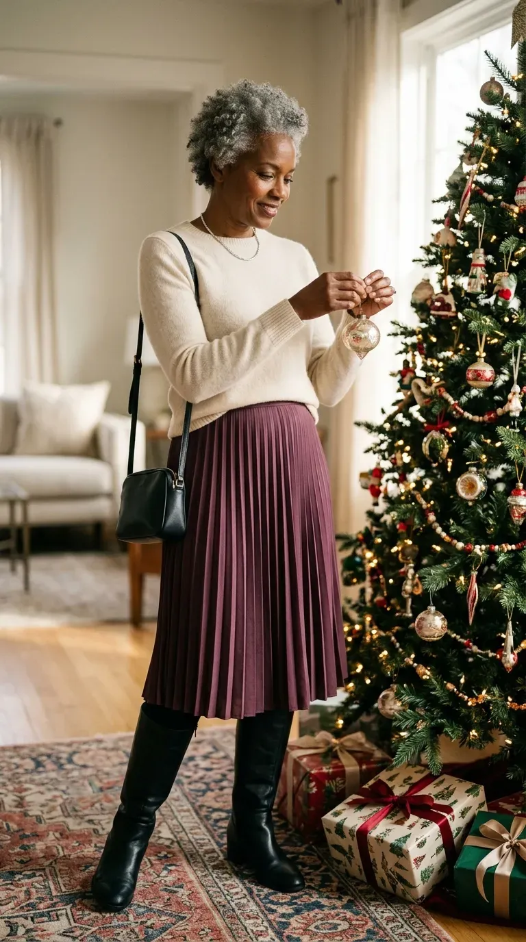 Woman over 50 in plum pleated midi skirt, cream knit and tall boots near a Christmas tree