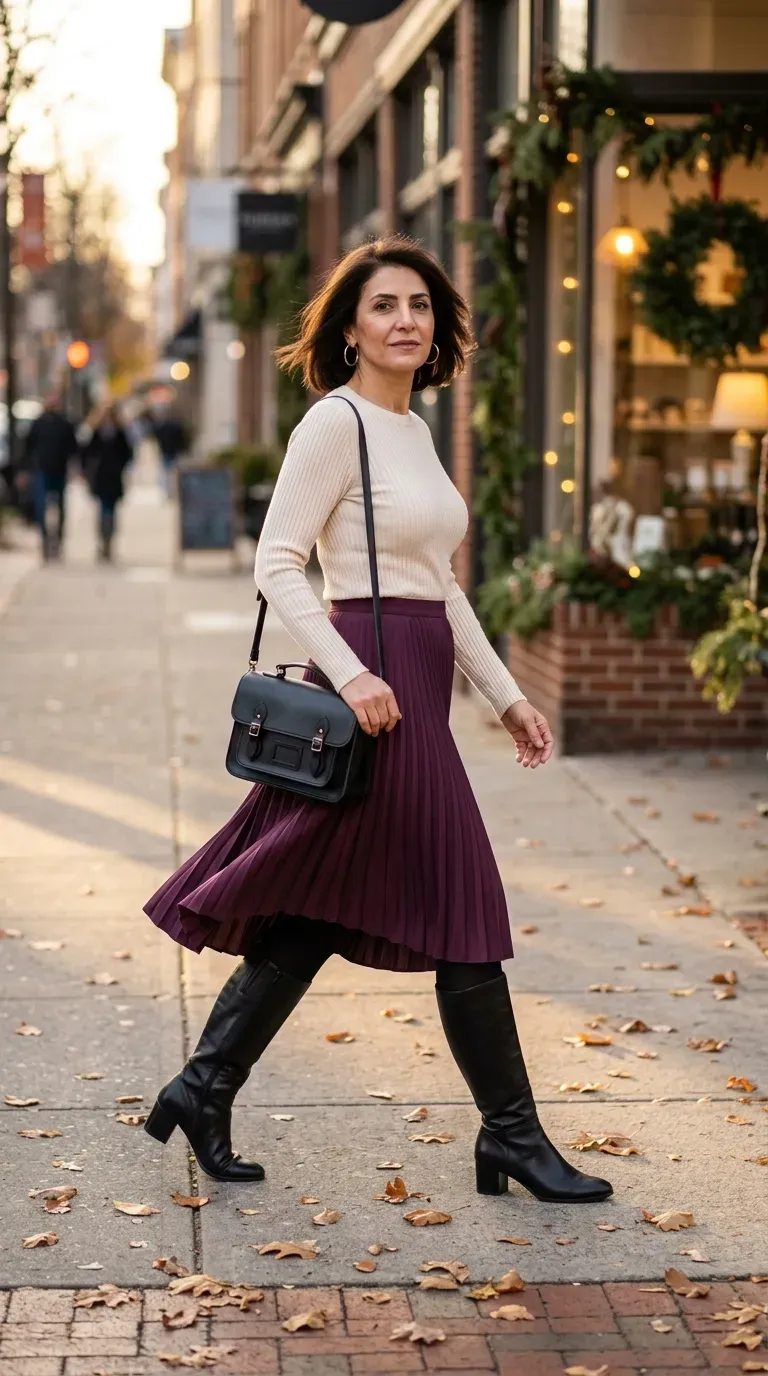 Woman over 50 in plum pleated midi skirt, cream knit and tall boots on a city sidewalk