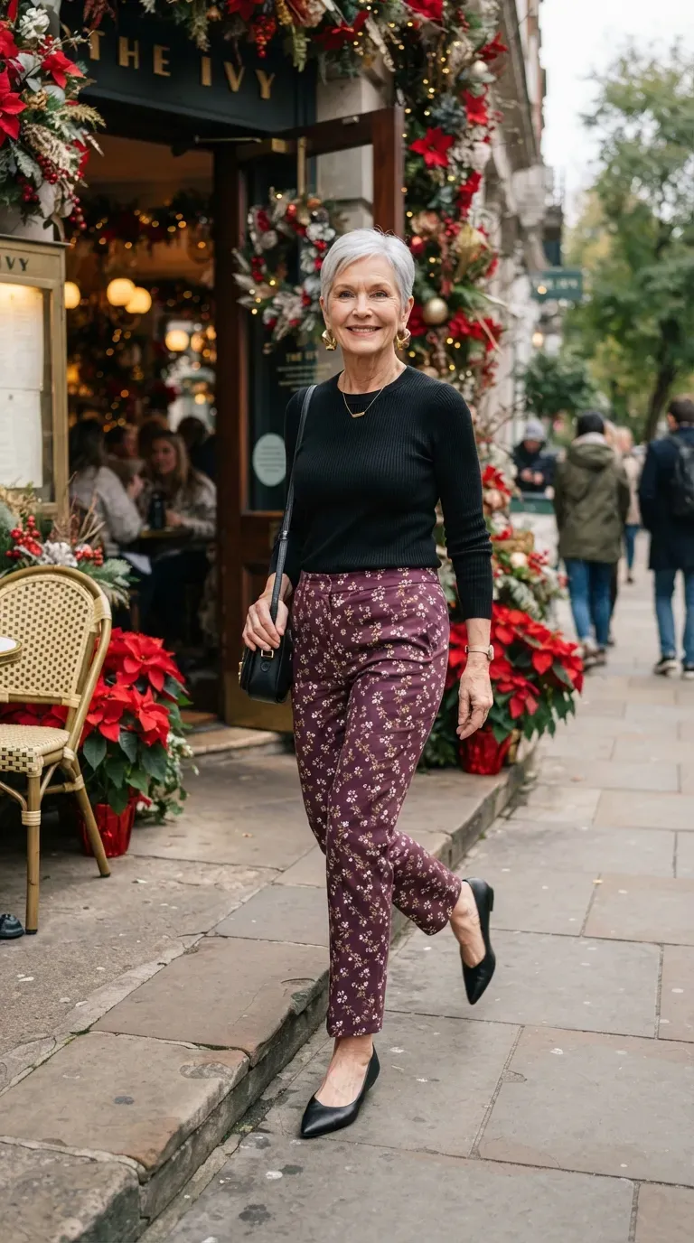 Petite woman over 50 in plum printed straight-leg pants and black knit top at a holiday brunch
