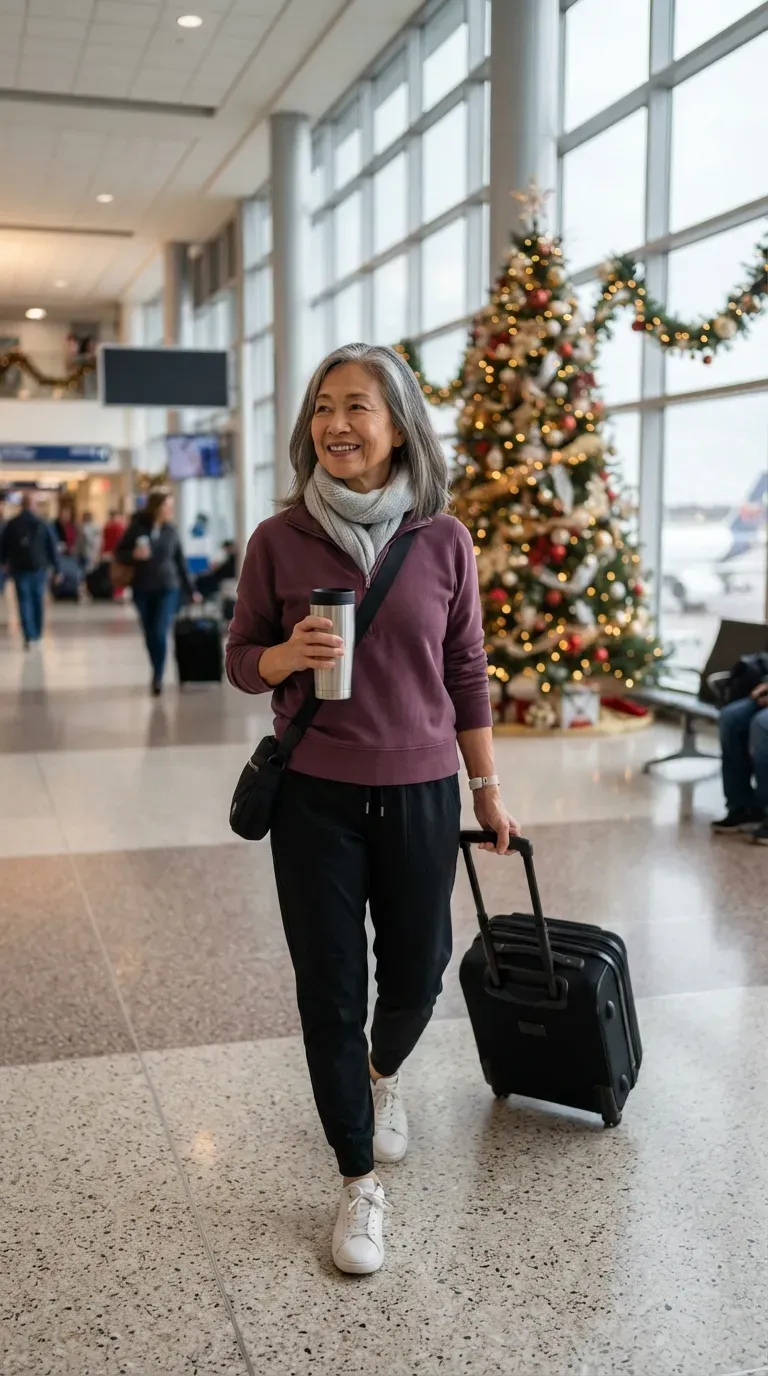 Woman over 50 in a plum quarter-zip and black jogger pants at an airport with holiday decorations