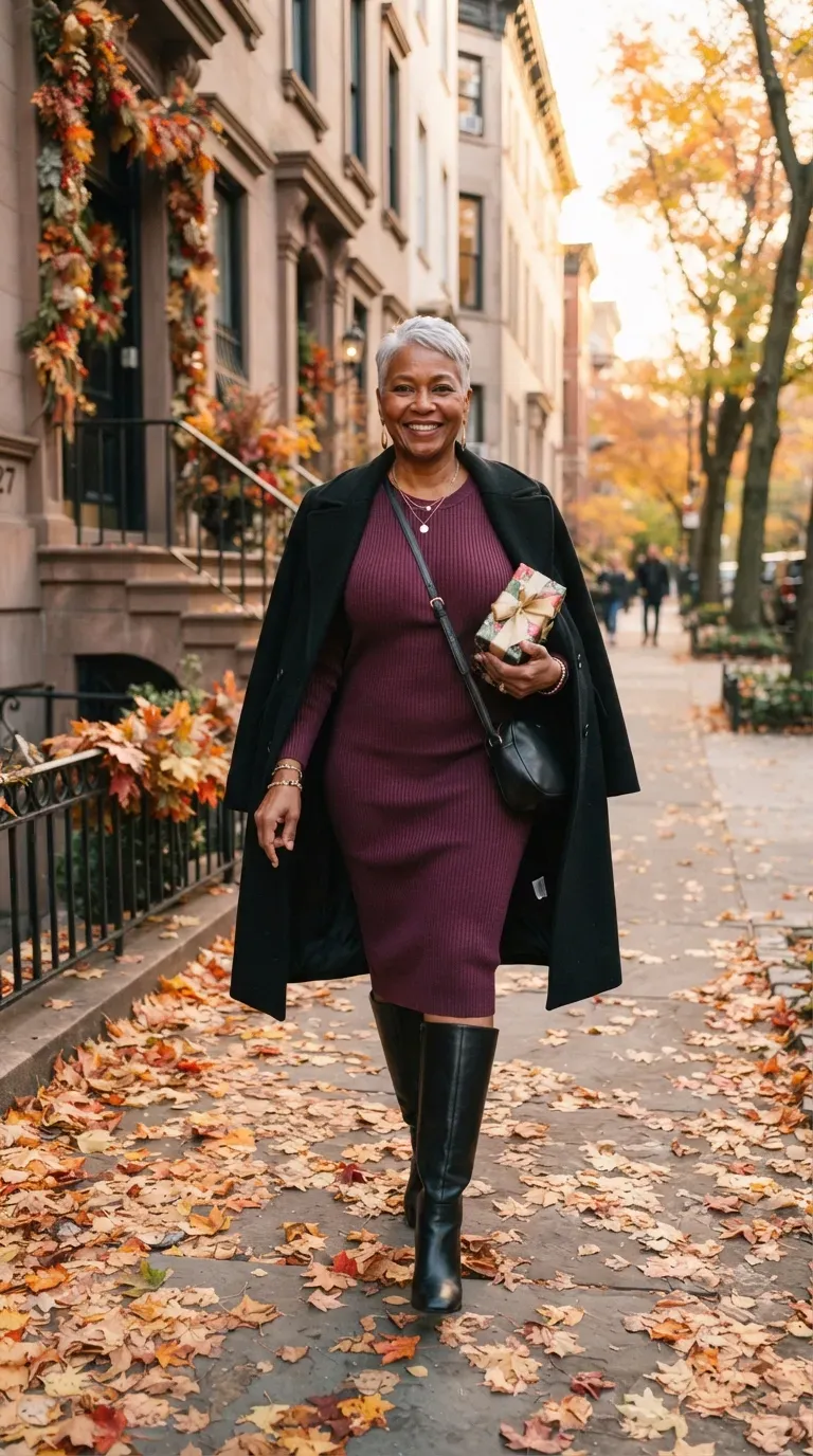 Black plus-size woman in a plum ribbed knit midi dress and tall boots on a leafy street