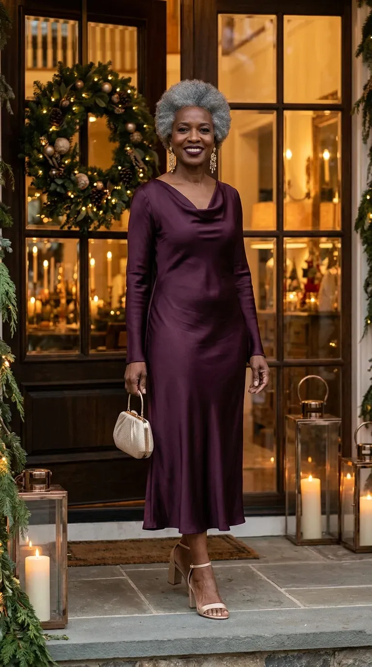 Woman over 50 in plum satin bias-cut midi dress and champagne heels at an elegant Christmas dinner