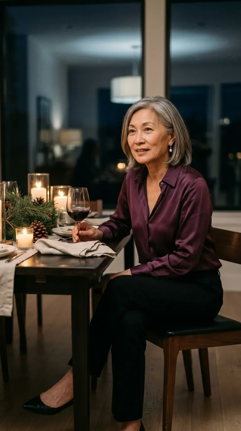 Asian woman in a plum satin blouse and black straight trousers at an elegant holiday dinner