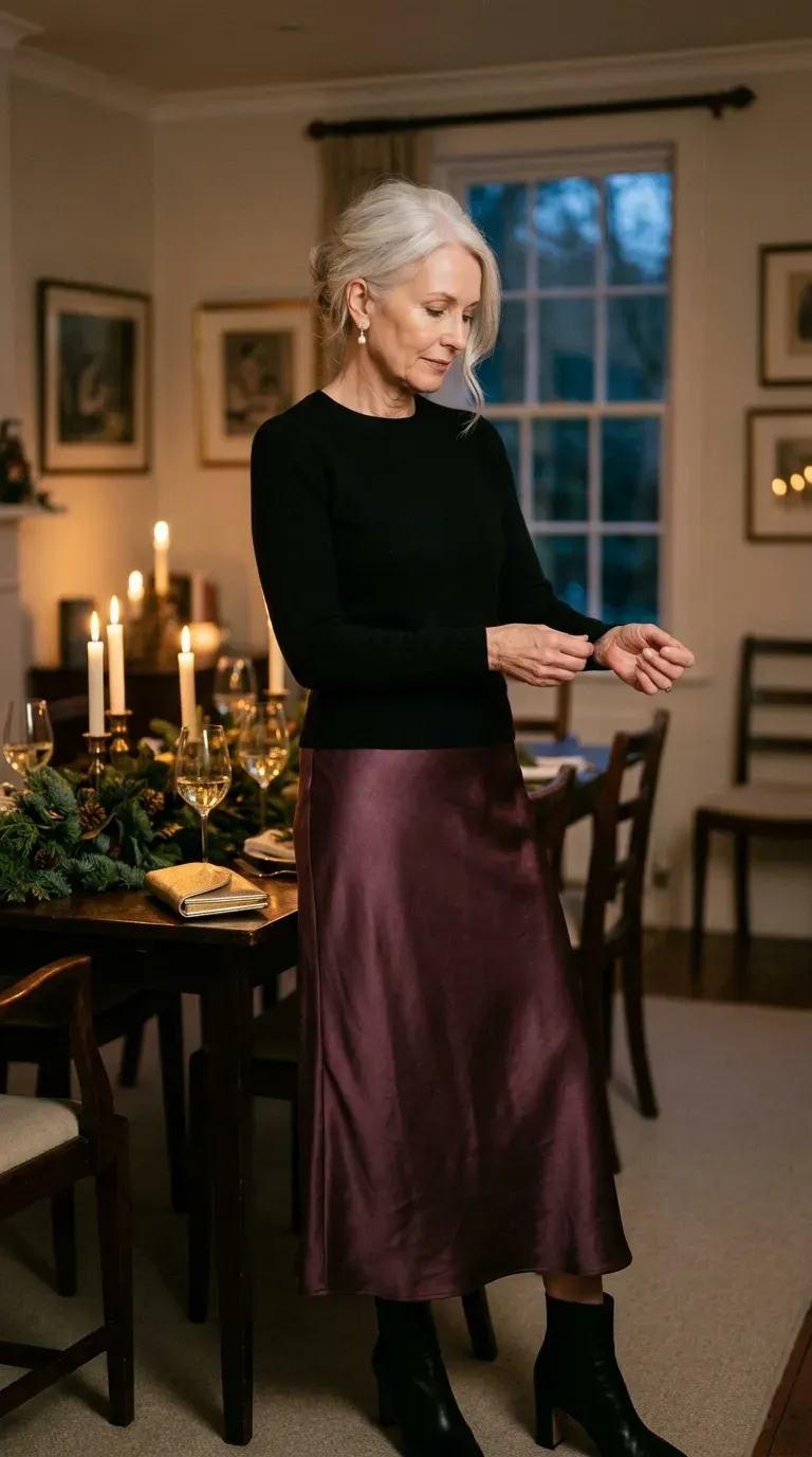 Woman over 50 in plum satin midi skirt, black knit and heeled boots at a candlelit dinner