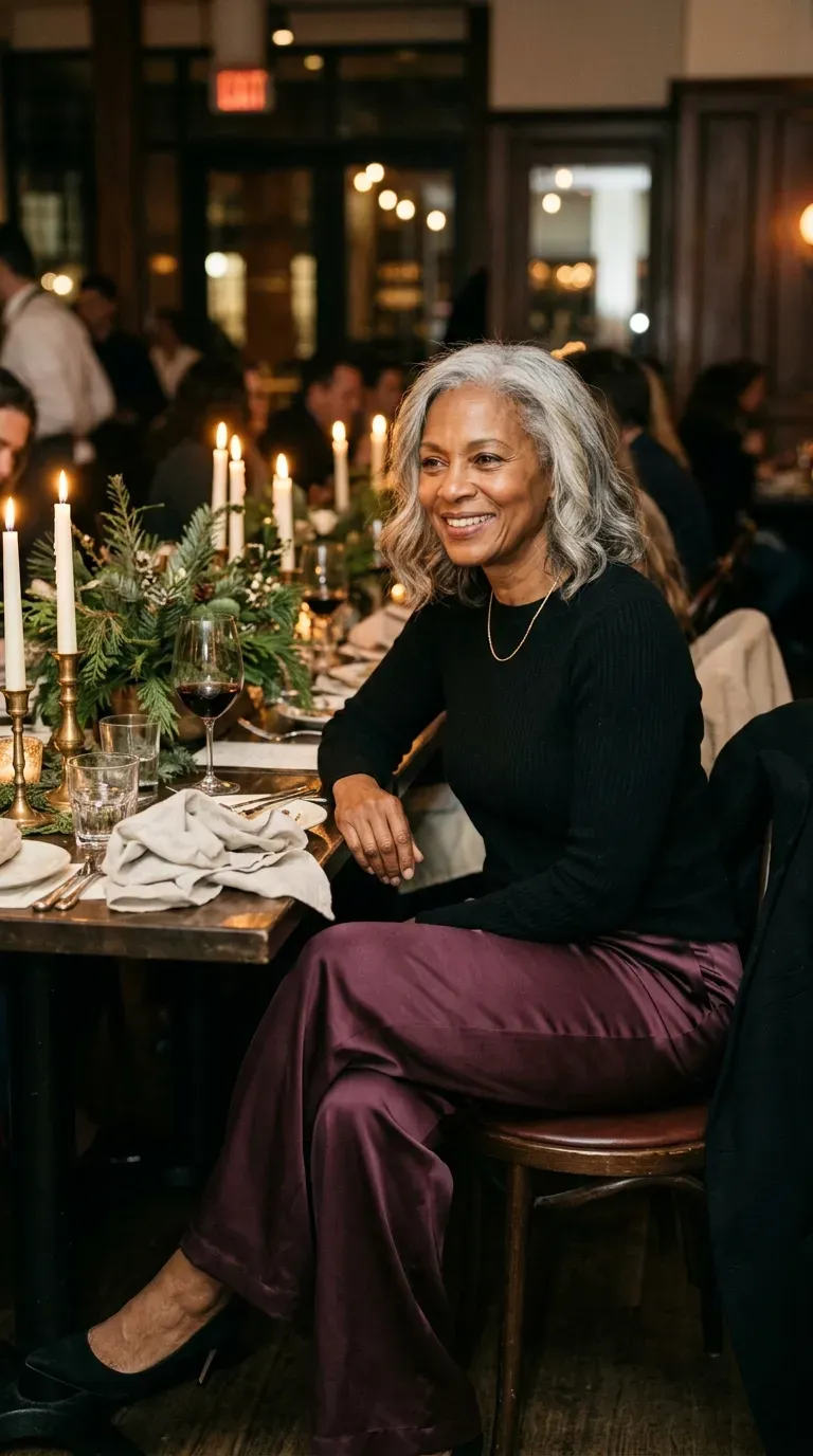 Woman over 50 in plum satin wide-leg trousers and black sweater at a date dinner