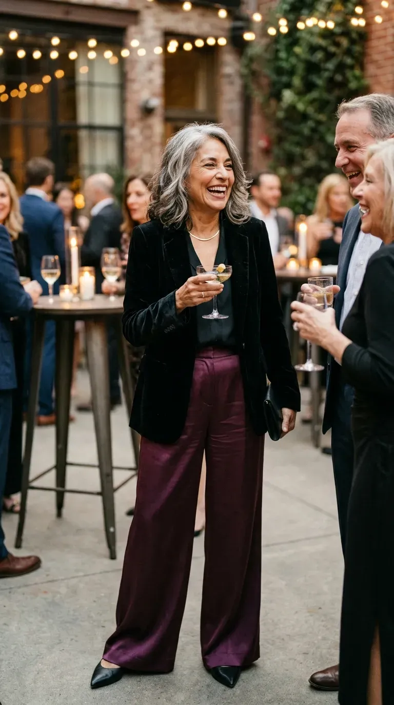 Woman over 50 in plum satin wide-leg trousers and black velvet blazer at a party