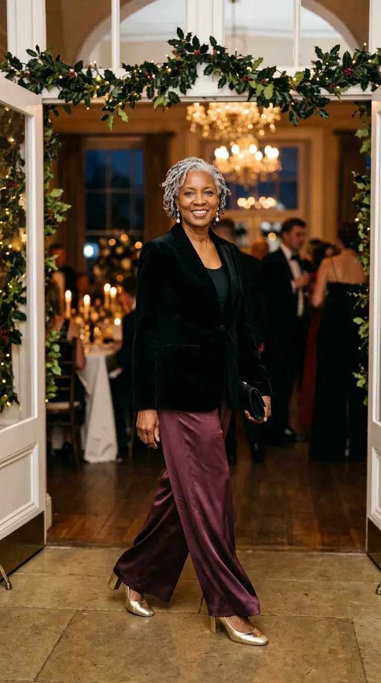 Woman over 50 in plum satin wide-leg trousers, black velvet blazer and gold heels at a winter wedding