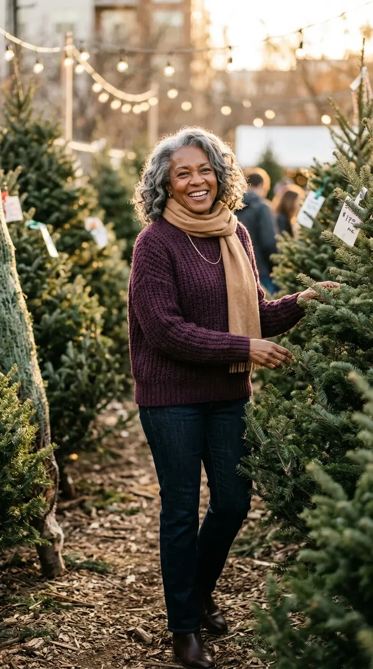 Woman over 50 in plum sweater, dark jeans and brown boots at a Christmas tree lot