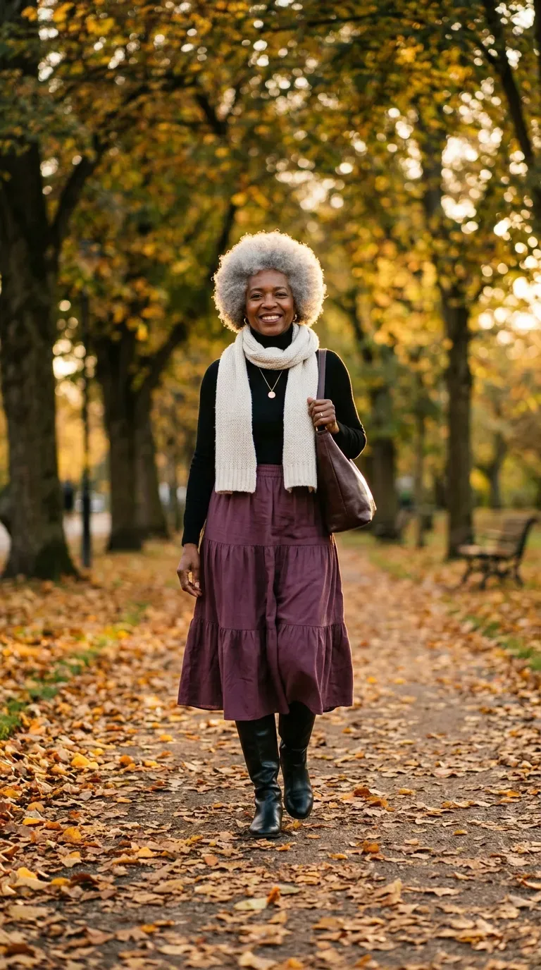 Black woman in a plum tiered midi skirt and black turtleneck on a leaf-lined path
