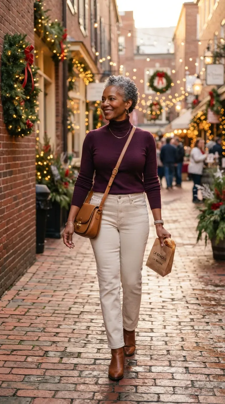 Woman over 50 in a plum turtleneck and ecru jeans glancing sideways on a brick lane with holiday lights