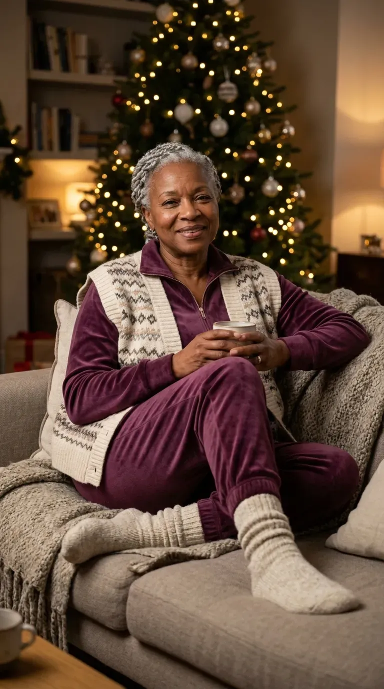 Woman over 50 in plum velour tracksuit and Fair Isle vest for a movie night
