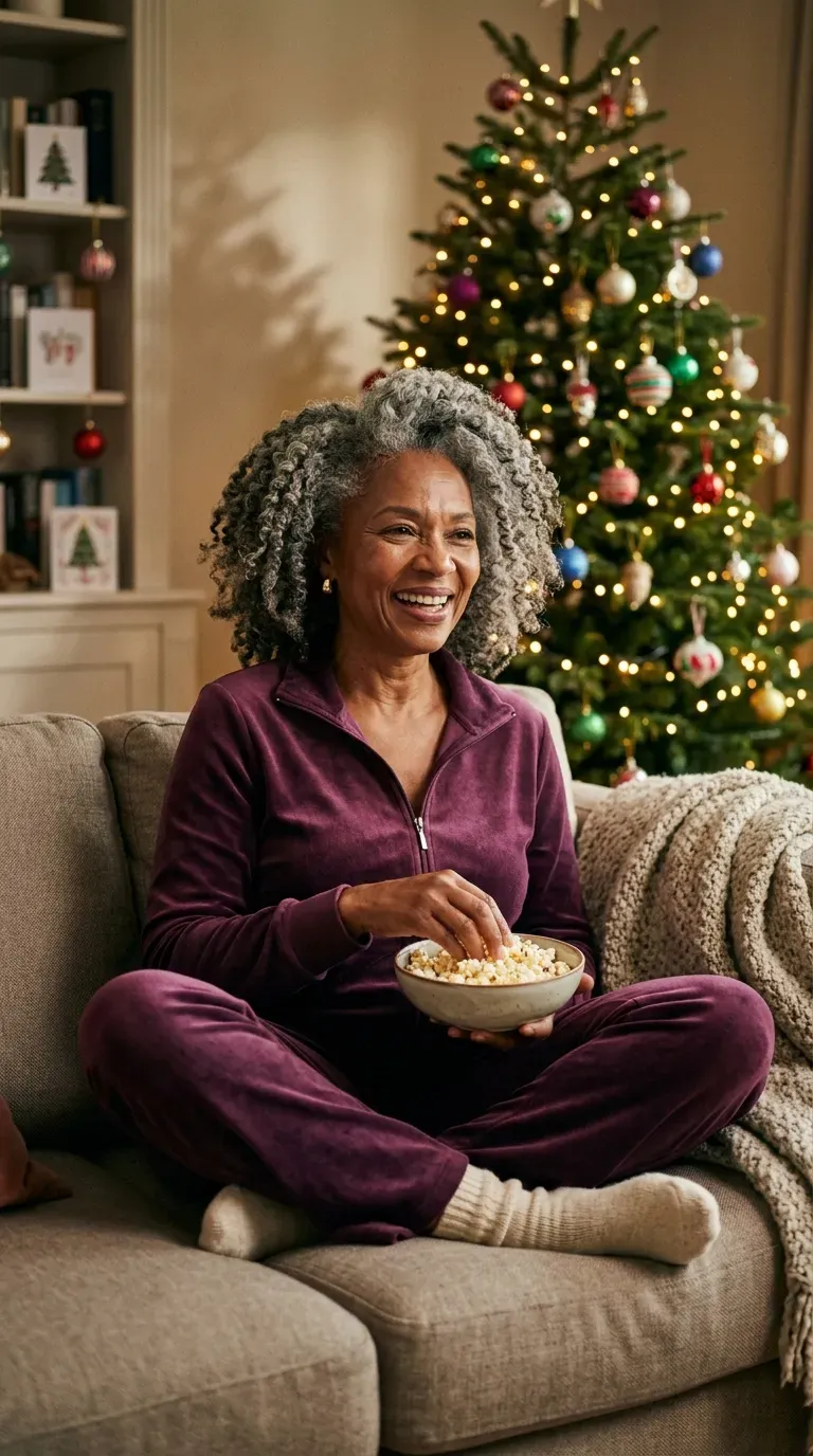 Woman over 50 in plum velour tracksuit and gold studs for a Christmas movie night