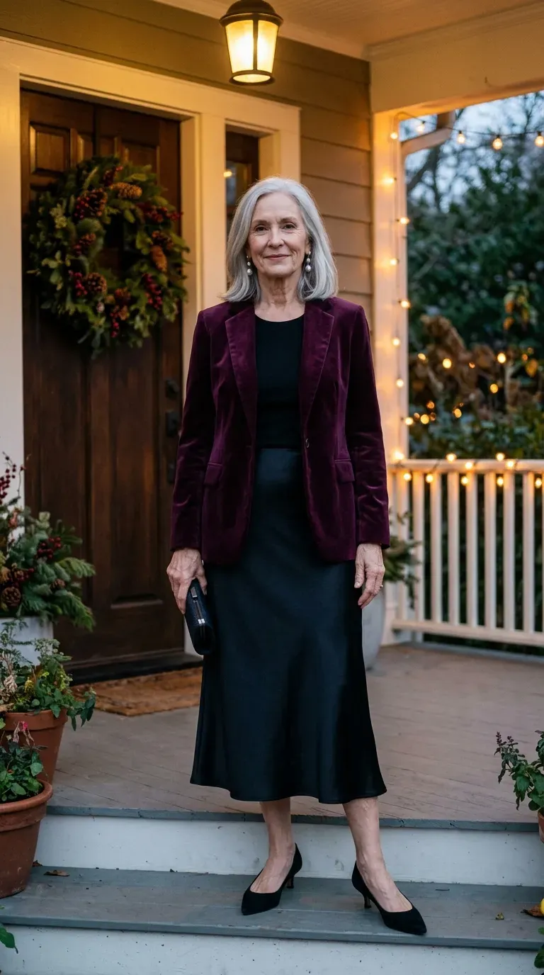 Woman in a plum velvet blazer and black midi skirt on a porch with string lights