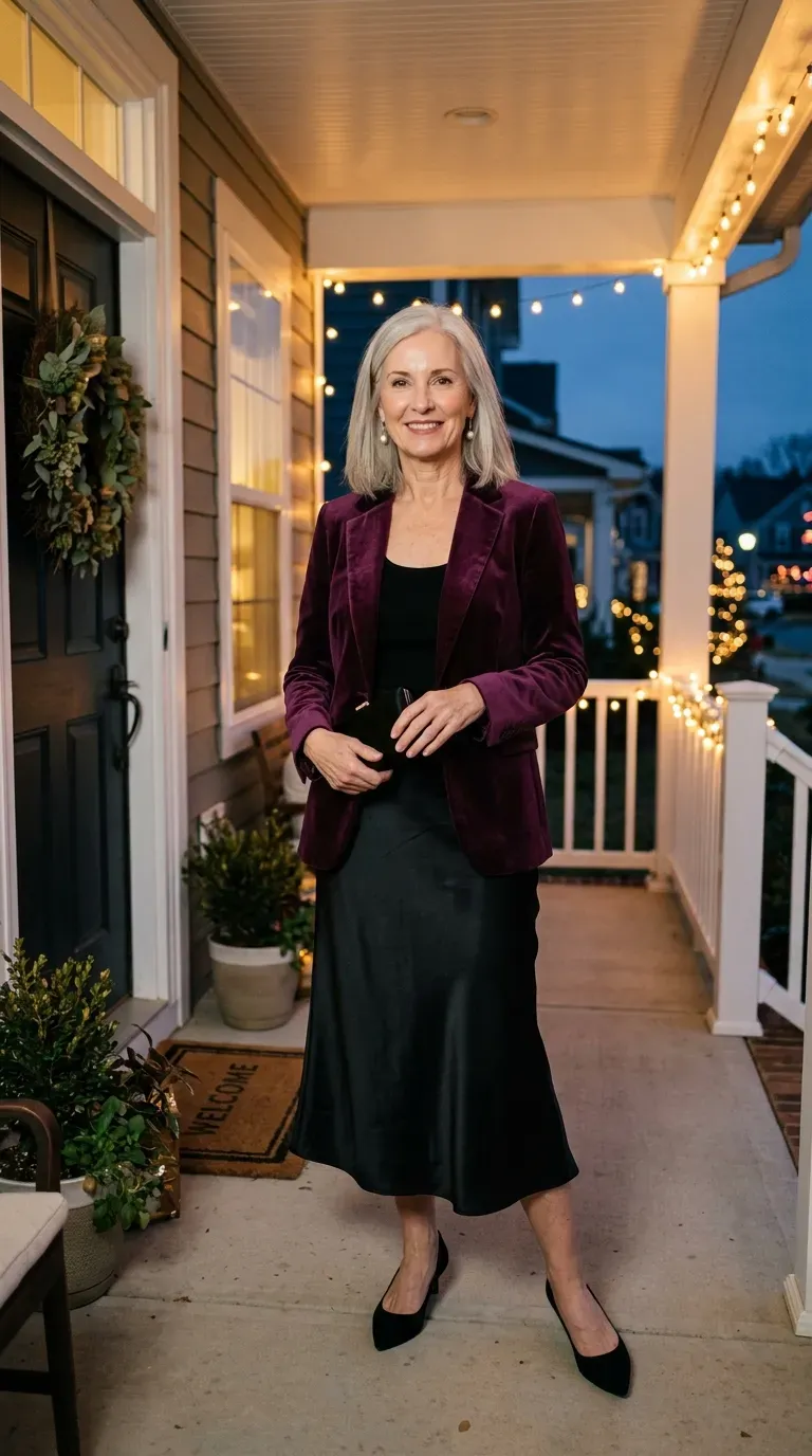 Woman in plum velvet blazer and black satin midi skirt on a porch with string lights