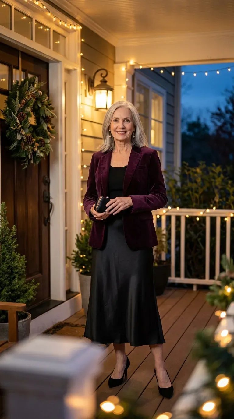 Woman in plum velvet blazer and black satin midi skirt on an evening porch with string lights