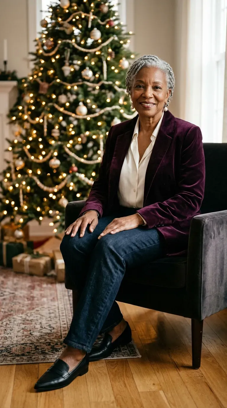 Woman over 50 in plum velvet blazer, ivory blouse and dark jeans for a Christmas card