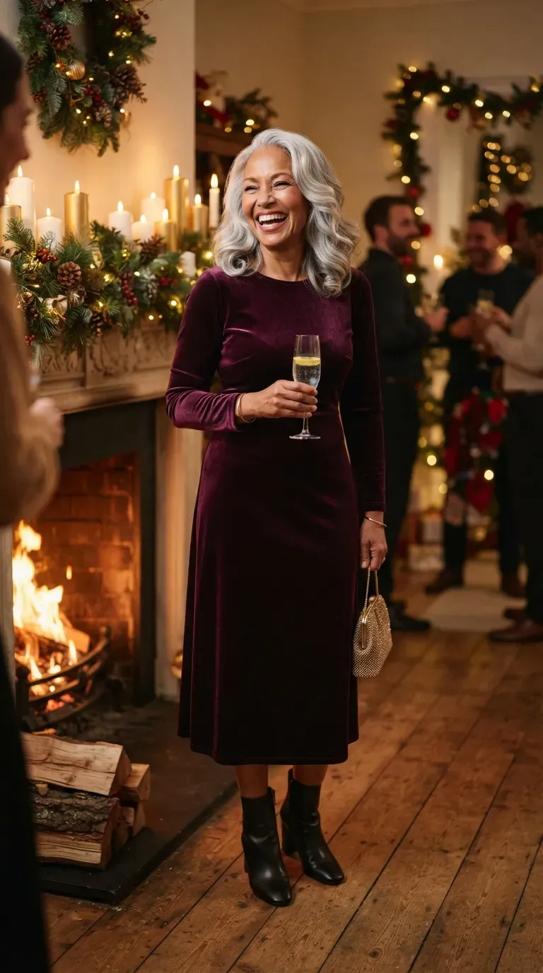 Woman over 50 in plum velvet midi dress and black boots laughing at a holiday party