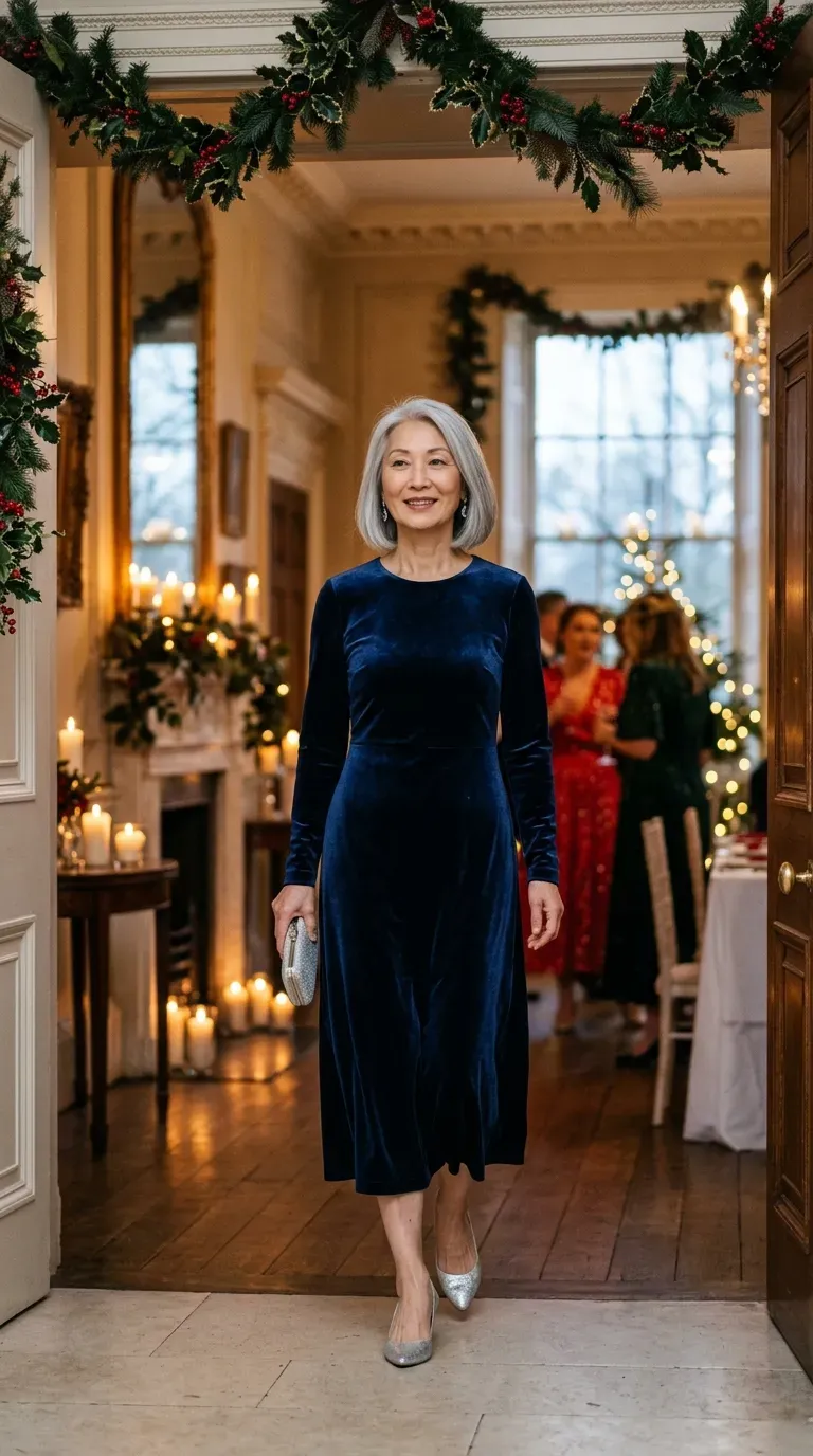Woman over 50 in plum velvet midi dress and gold ankle strap heels at a Christmas wedding