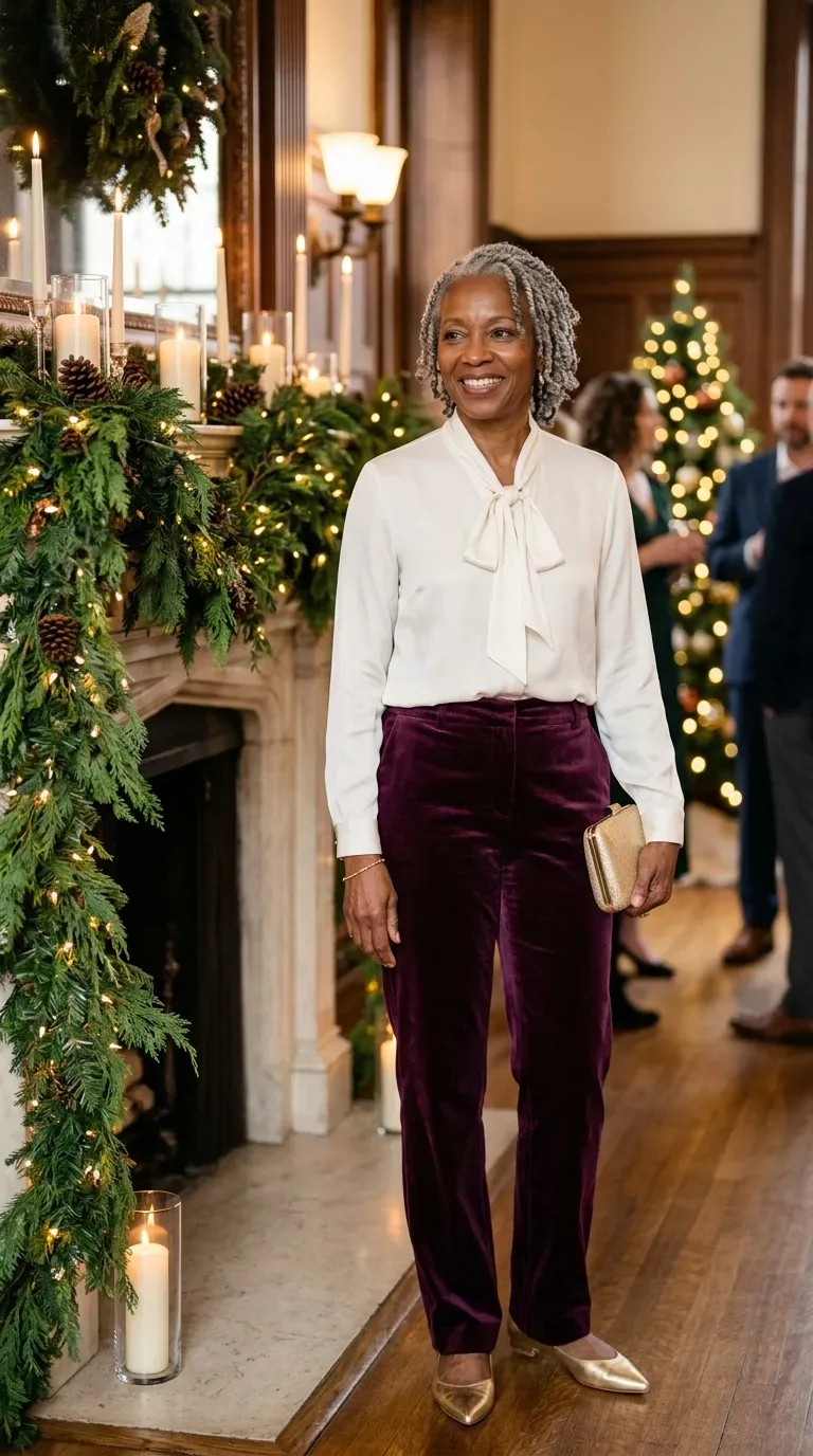 Woman over 50 in plum velvet trousers and ivory blouse at an office party