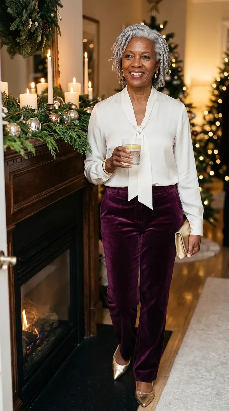 Woman over 50 in plum velvet trousers and ivory bow blouse near a mantel
