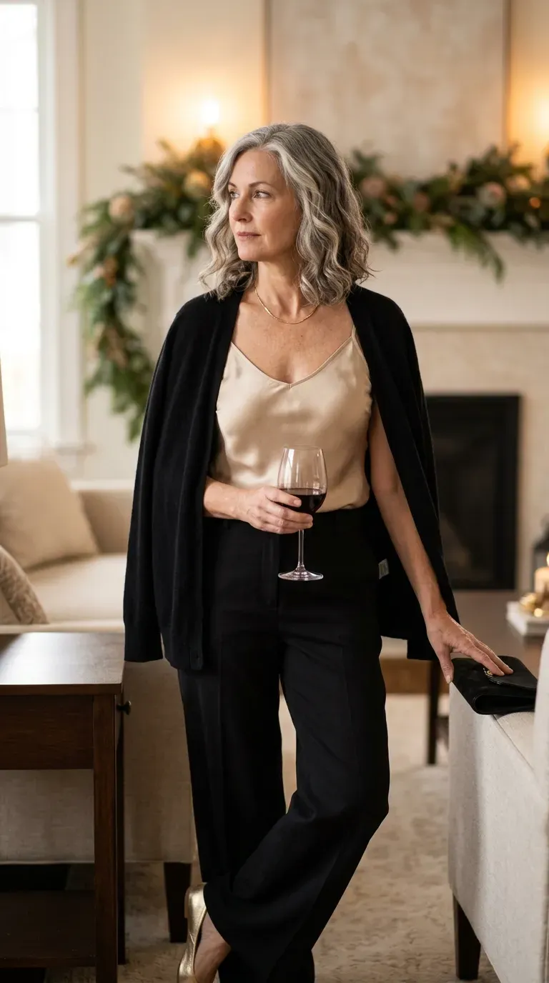 Woman over 50 in plum velvet trousers and ivory bow blouse at a Christmas Eve party