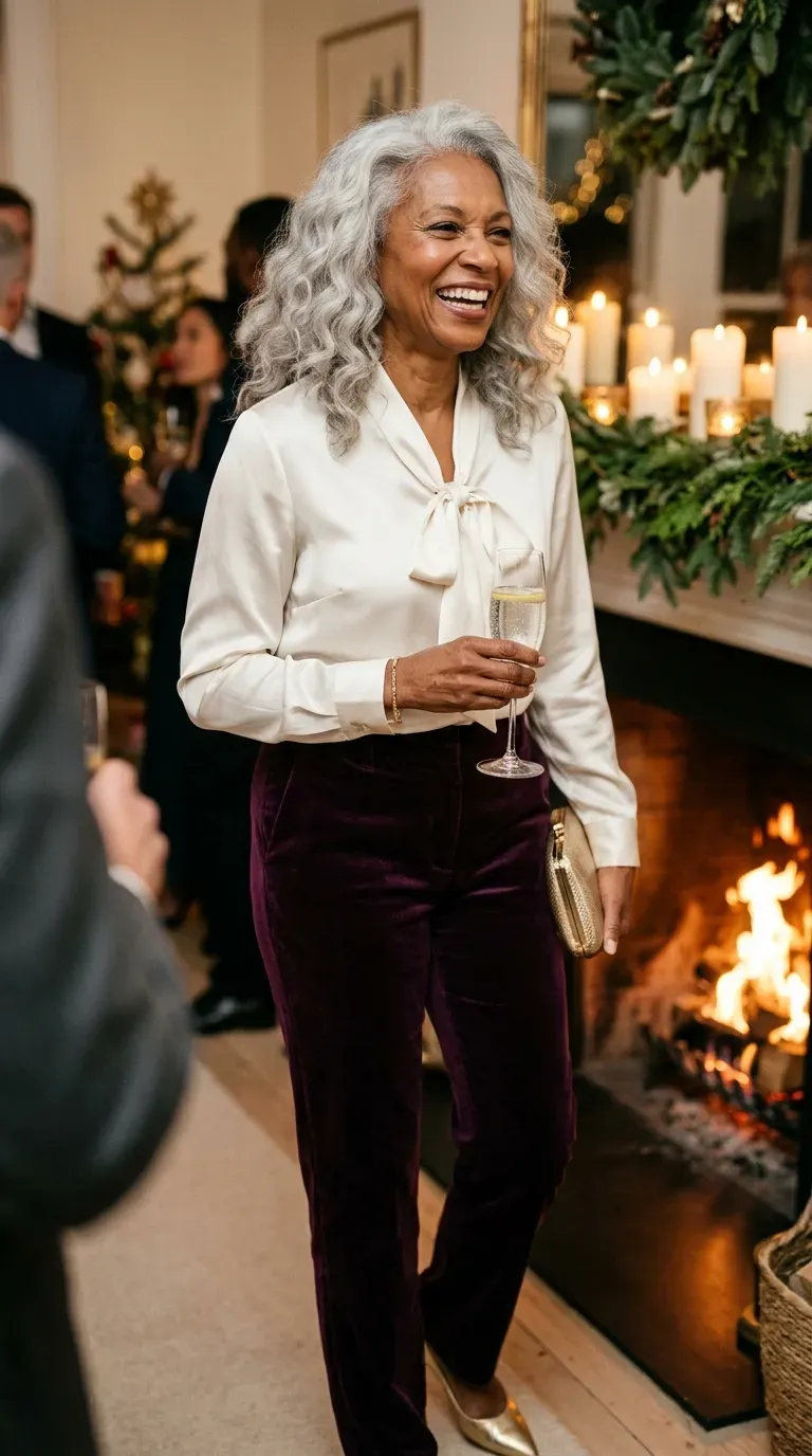 Woman over 50 in plum velvet trousers and ivory satin blouse laughing near a fireplace