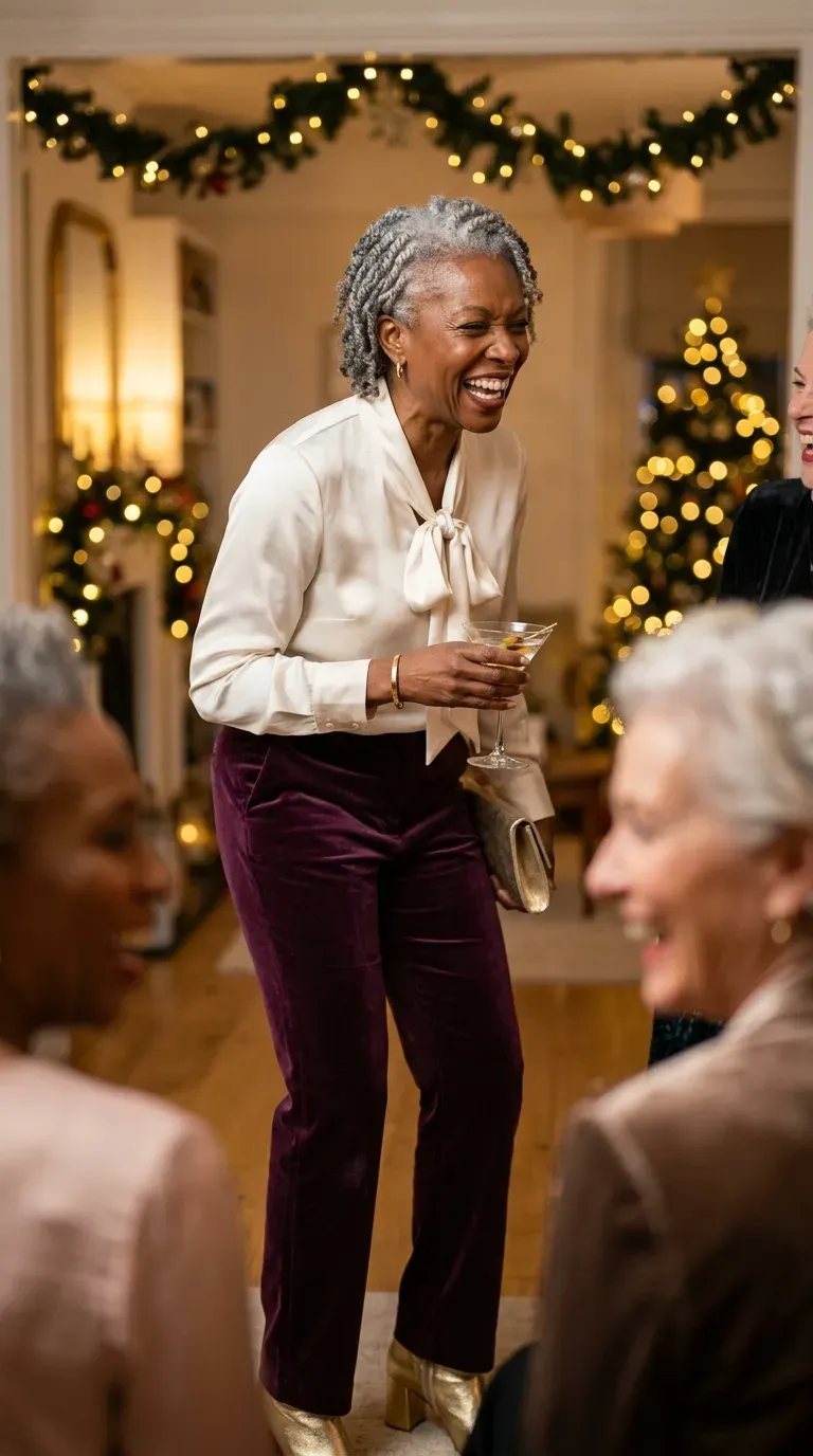 Woman over 50 in plum velvet trousers, ivory satin blouse and gold heels at a party