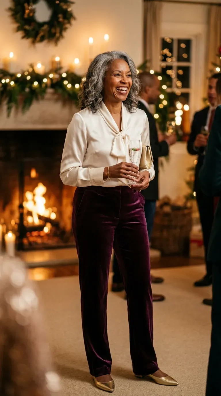 Woman over 50 in plum velvet trousers and ivory satin blouse at a holiday party