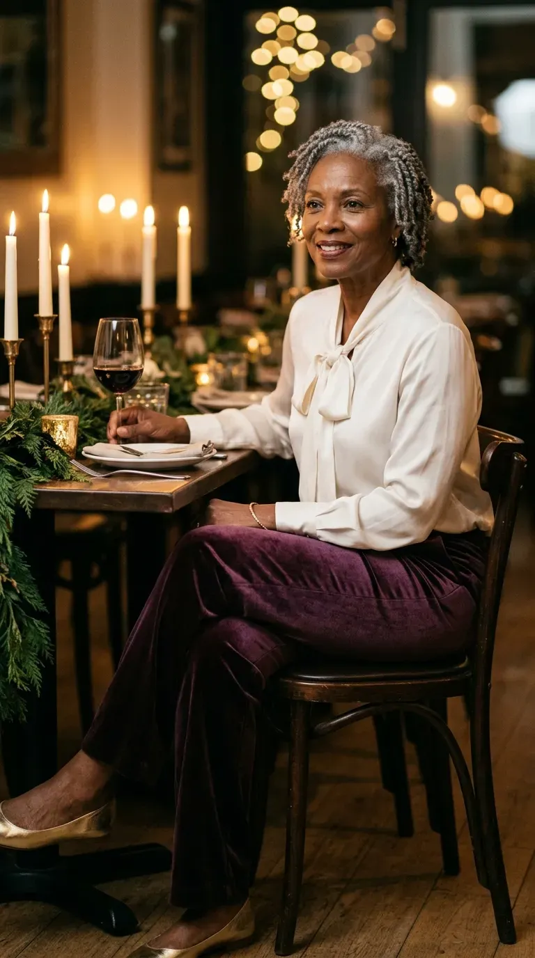 Woman over 50 in plum velvet trousers and ivory silk blouse at a Christmas date dinner