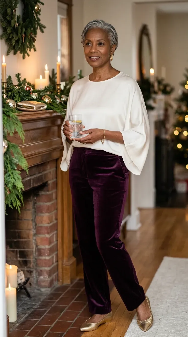 Woman over 50 in plum velvet trousers and ivory silk blouse near a decorated mantel