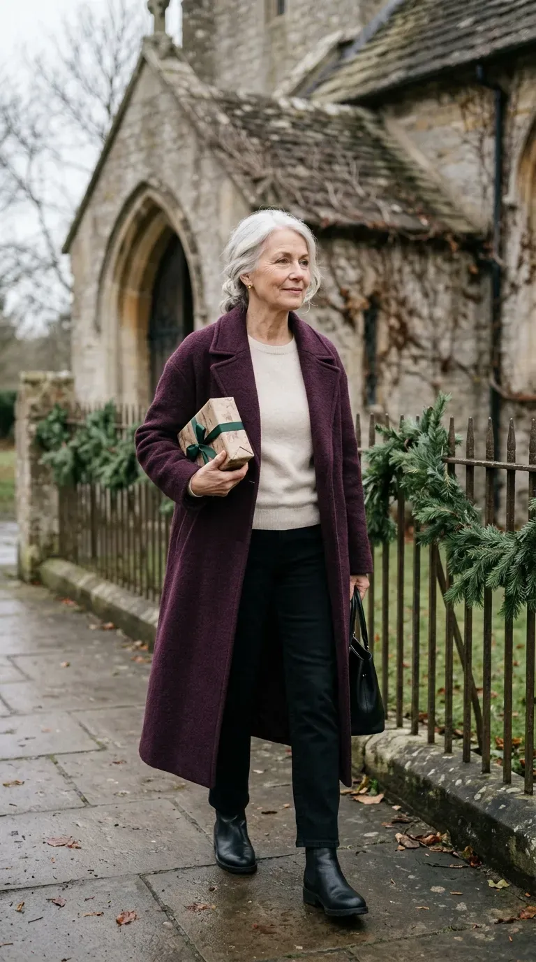 Woman over 50 in plum wool coat, cream knit and black jeans outside a village church