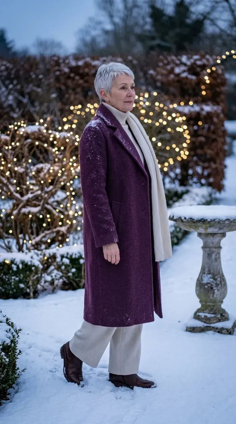 Woman in plum wool coat and cream wide-leg trousers in a snowy garden with lights